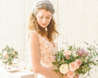 Birdcage Veil, Flower Veil, Floral Pearl Veil, Bridal Birdcage Veil, Ivory Veil, White Veil, Bandeau Veil, Wedding Veil, Style 306