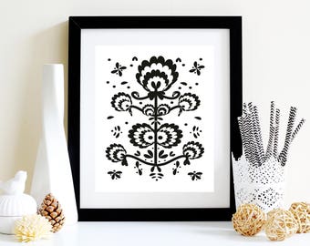 Modern folk art black and white flowers print poster