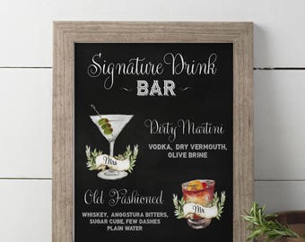 Wedding Signature Drinks sign, Printable Drink Sign, Wedding Bar Menu, Bar sign, Bar Menu, Dirty Martini, Old Fashioned