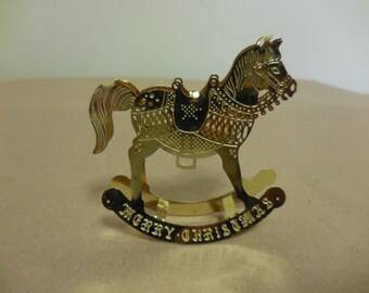 Vintage 1980s to 1990s Gold Tone Merry Christmas Rocking Horse Christmas Ornament Lightweight Not Perfect Shiny