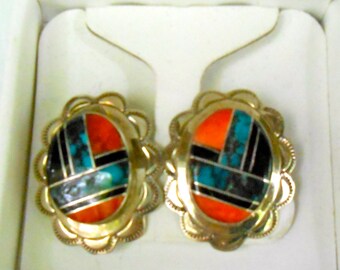 Native American Zuni Inlaid Clip Earrings