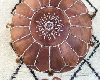 30% OFF Pouf Sale>>Tan Brown Moroccan Leather Pouf with Tassels & Pompoms >Home gift, wedding gift, anniversary gifts, foot stool