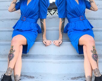1980s Dress, Day Dress, Secretary Dress, Peplum Style Blue Dress Size 6