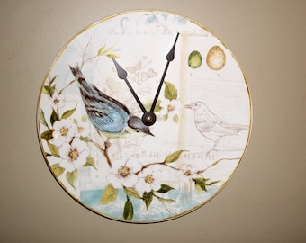 SILENT Bird Wall Clock, 9-1/4 Inches Ceramic Plate Clock, Unique Wall Decor, Kitchen Clock, Bird and Floral Wall Clock - 2386