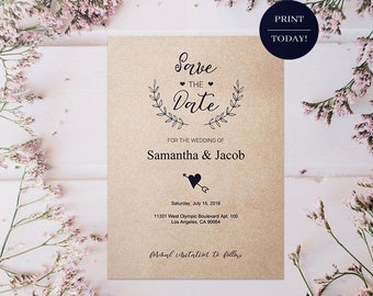 Rustic Wedding Save The Date Card - Printable Template, Editable PDF, Custom Save The Date, Personalized, DIY Card