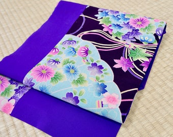 Flower Nagoya obi dark purple chirimen silk, violet Japanese obi vintage, vibrant silk obi belt, vintage obi floral, patchwork kawaii cute