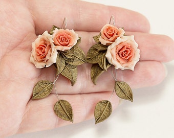 Pink rose earrings. Dangle earrings. Flower earrings. Polymer clay jewelry. Peach Rose jewelry. Gift under 50. Romantic jewelry