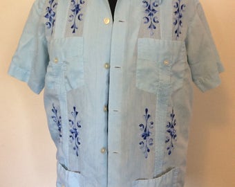 Vintage Blue Guayabera Shirt - S/M