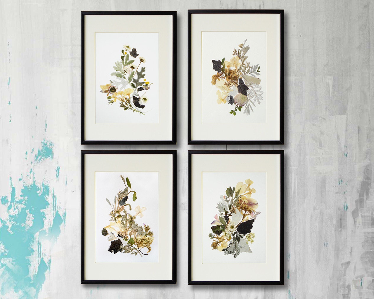 Set of 4 framed prints Plant art Contemporary art Dry flower