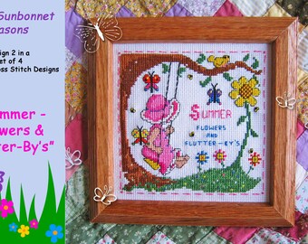 SWEET SUNBONNET SEASONS-design 2 of a set of 4 - "Summer-Flowers & Flutter-By's" cross stitch chart graph pattern