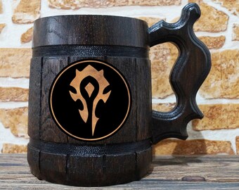 Horde Mug, World Of Warcraft Engraved Beer Mug Gift, Gamer Gift, WOW Wooden Mug, Personalized Geek Gift, Beer Stein, Personal Gift for Men