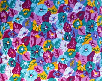 Purple Teal Flower Fabric, Polyester Rayon Linen Blend, Fabric by the Yard, Sewing Fabric