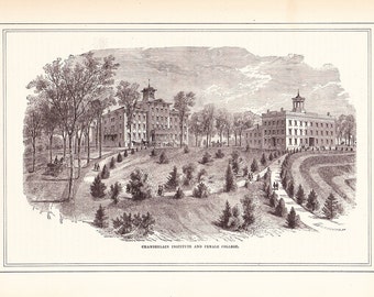 1882 Architectural Print - Chamberlain Institute and Female College - Antique Art Illustration 100 Years Old