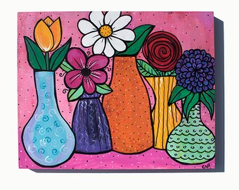 Flower Still Life Painting - Flowers in Vases - Original Mixed Media Floral Painting by Claudine Intner - Bright Colors Art