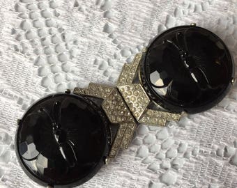1930s 1940s Glass Butterfly Buckle with Rhinestones.