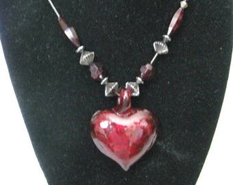 Burgundy red heart & bead necklace on gunmetal gray chain