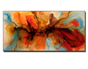 Abstract painting, ORIGINAL Contemporary Modern Fine Art, Colorful Canvas Art, Blue, Red Abstract Painting by Henry Parsinia 48x24