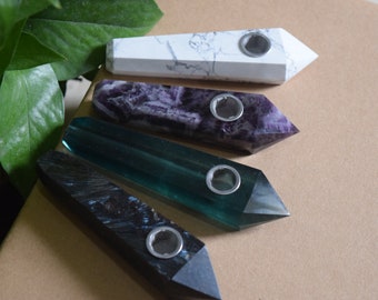 Handmade unique crystal pipe, stone pipe, amethyst pipe, fluorite pipe, howlite pipe, astrophyllite pipe, multi-material available