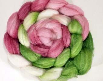 Handdyed Panda (sw merino/bamboo/nylon) Roving - Desdemona - white, cream, pink, green