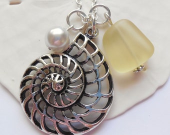 Lemon Yellow Sea Glass Necklace, Charm necklace, Pearl, Silver Nautilus, bridesmaid necklace, beach wedding. FREE SHIPPING within the U.S.