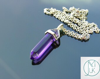 Purple Glass Point Pendant Gemstone Necklace Chakra Reiki Healing Stone FREE UK SHIPPING