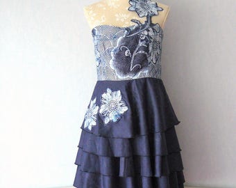 Dress fabric Bazin blue ruffled circle skirt strapless and African Wax fabric, size 40/42 - woman M