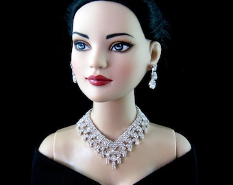 Doll jewelry necklace for Tonner American Model, BJD, and other 22” fashion dolls, by SohoDolls, necklace and earrings