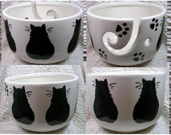 Black Cats On Yarn Bowl Handmade Original Earthenware Clay by Grace M Smith
