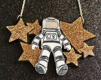 Laser Cut Astronaut Glittery Space Statement Acrylic Necklace
