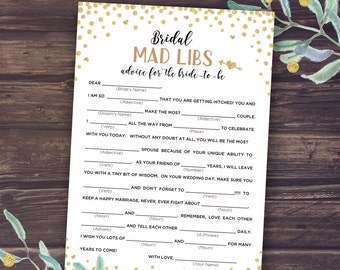 Mad Libs Wedding, Bridal Mad Libs, Shower Games Printable, Madlibs, Gold Confetti and Black, Advice for Bride to Be, Digital Download PDF