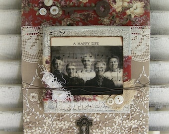 Original Mixed Media Vintage Collage Altered Art Friend Theme Vintage Lace Key Antique Found Object Assemblage OOAK QueenBe