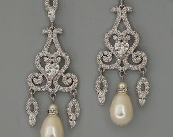 Chandelier Bridal Earrings, Crystal Chandelier Earrings, Swarovski Wedding Earrings, Ivory Pearls Earrings for wedding Silver tone with CZ
