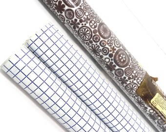 Contact Paper Shelf and Drawer Liner Rubbermaid Adhesive Plastic Floral Brown Checkered Blue 1970s 1980s Kitchen