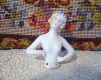 Antique Half Doll, Germany Pin Cushion Doll, Boudoir Doll, Porcelain Half Doll