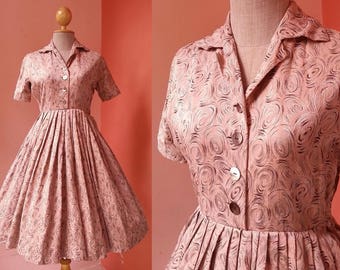 50s Dress Vintage 1950s Dress Women Swing Dress Shirt Dress Collar Dress Button Front Dress Pleated Dress Mini Dress Short Sleeve Dress XS