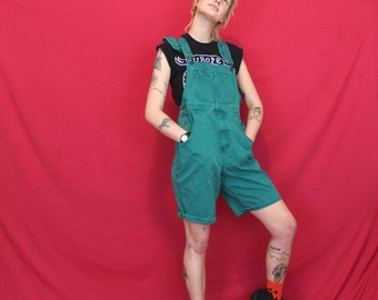 Womens 90s Green Overall Shorts. Vintage Forest Green Dyed Denim 90s Overalls. Small Medium Womens Shortalls. Vintage Colored Overalls.