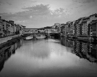 Black and white travel photography - Ponte Vecchio - Florence - Italy - wall hanging - living room decor - bedroom - Arno River - Tuscany
