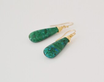 Chrysocolla Earrings, Dangle Earrings, Gold Fill Jewelry, Drop Earrings, Long Earrings, Gift For Her (0078N)