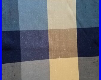 Large Plaid SILK Fabric Remnant 100% Silk Gold Dark Blue Shades