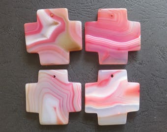 AS PICTURED- 4pcs Large Light Pink Stripe Agate Cross Pendant 42x42mm- top drilled