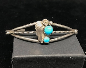 Vintage Old Pawn Navajo Sterling Silver Squash Bracelet with Turquoise MARKED