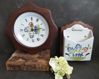 Rustic wall clock hand painted ceramic from Quimper Britanny with matching Mail Holder . Quimper