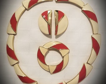 Vintage Signed TRIFARI Demi Parure Set Necklace~Earrings~Brooch Red Cream Enamel
