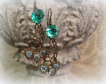 one two three four tell me that you love me mOre one of a kind vintage assemblage earrings 1940s rhinestone buttons vintage enamel hearts