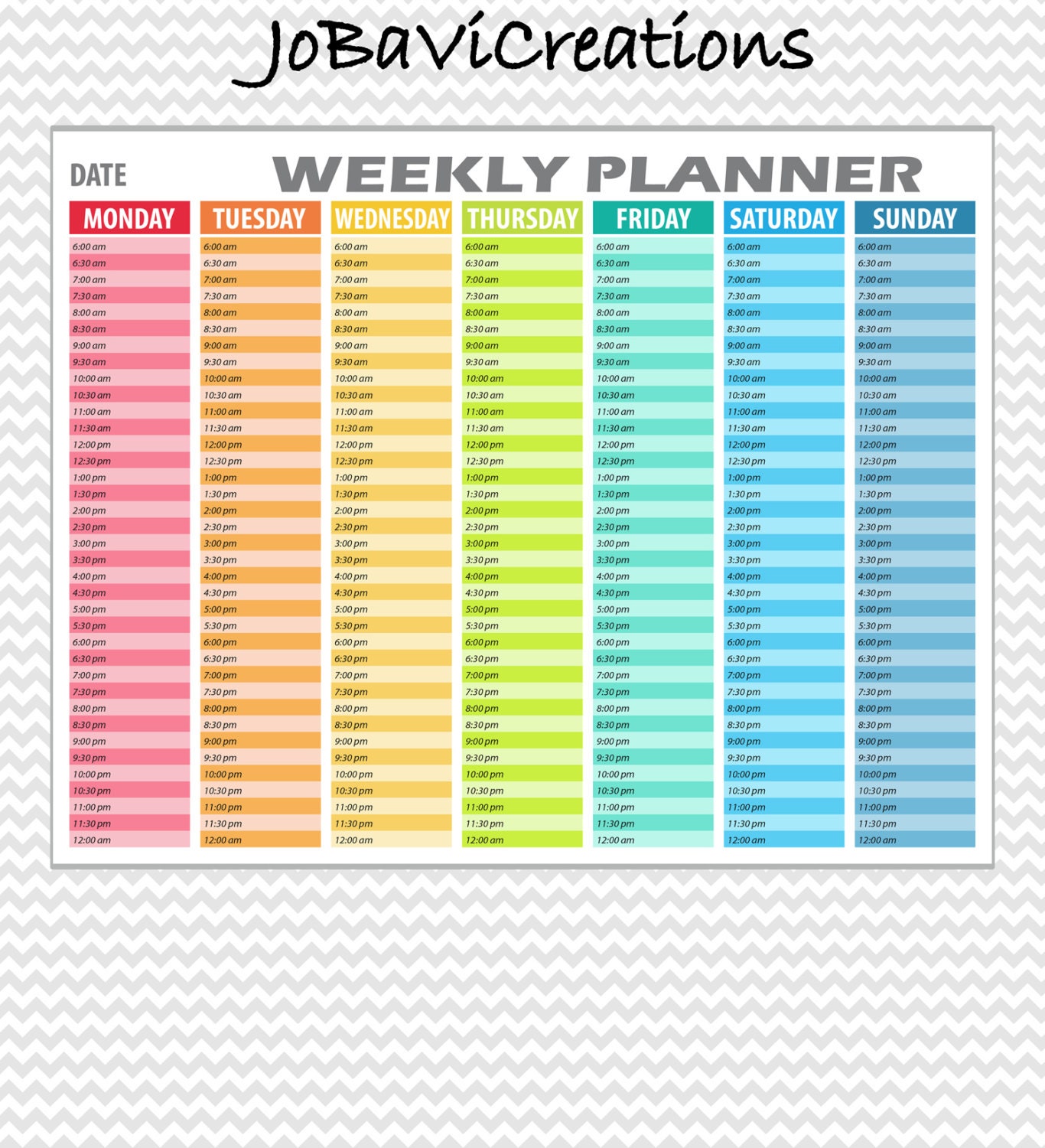 Hourly Weekly Schedule Printable. Hourly Weekly Planner