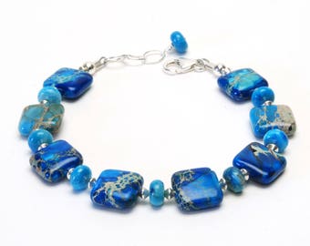 Ocean Blue Jasper and Sterling Silver Bracelet - Blue Gemstone Bracelet