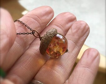 Glass Acorn Necklace in Autumn Tones by Bullseyebeads