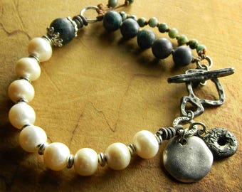 Pearl Bracelet, Artisan Pewter, Inviciti, Sundance, Boho Jewelry, Blue Apatite, Southwestern