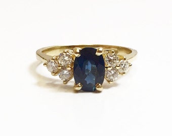 Vintage 14k Yellow Gold Blue Sapphire Ladies Engagement Ring Size 5.5 ~ Fine Engagement Jewelry