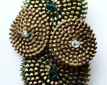 Green Brass Spiral Abstract Brooch / Zipper Pin by ZipPinning - 2766
